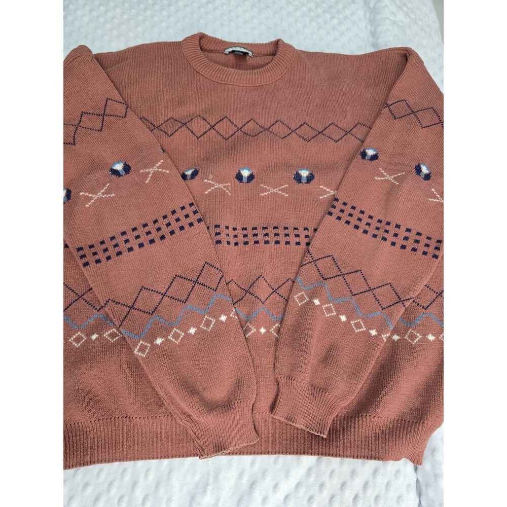 Vintage Mens Crewneck Sweater Mauve Boho Geometric Diamonds Size Medium Cotton